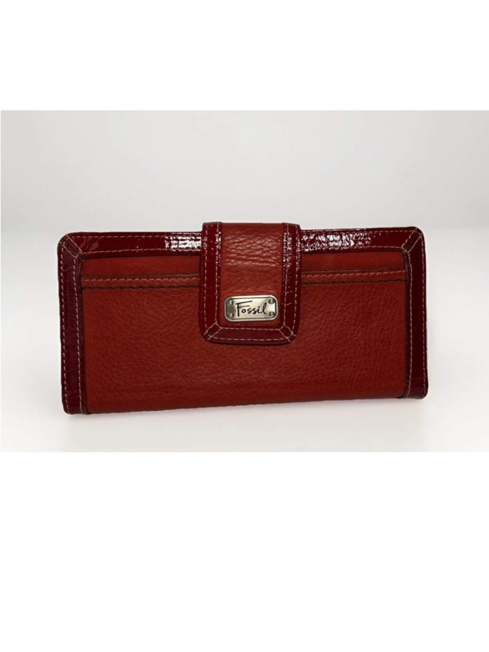 Fossil Red Genuine Leather Clutch Wallet Snap Button Organizer Card Holder